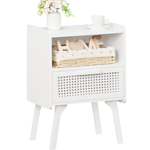 Lerliuo Rattan Nightstand, Side Table with Drawer Open Shelf, Cane Accent Bedside End Table with Solid Wood Legs, Mid Century Modern Night Stand for Bedroom, Dorm and Small Spaces (White)