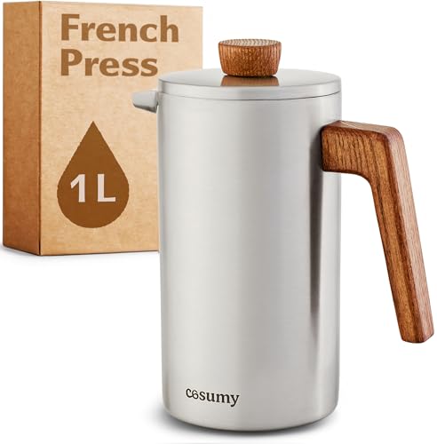 Cosumy French Press Caffettiera francese 1l - Doppia parete a Acciaio Inox e FSC legno - Mantiene caldo il caffe - 5 Tazze