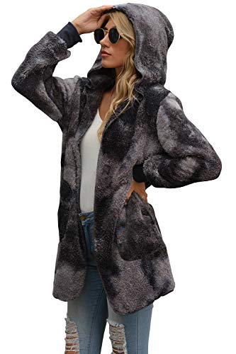 Yanekop Womens Tie Dye Fuzzy Fleece Cardigan Sherpa Open Front Outerwear Oversized Jacket(Grey Mixed,3XL)