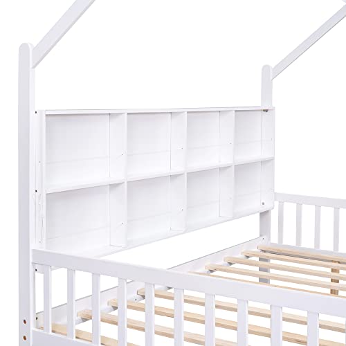 Merax Full Size House Bed,Wooden Full Bed With 2 Drawers And Storage Shelf, Roof Design Bedroom Bedframe For Kids Boys Girls,White #TOP4