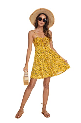 Image of Missufe Spaghetti Strap Floral Mini Dress Women's Casual Ruched Front Drawstring Swing Sundress