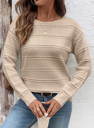 SHEWIN Women's Sweaters Boat Neck Crochet Long Sleeve Sweater Lightweight Knit Tops Shitrs Loose Fit Fall Fashion 20254