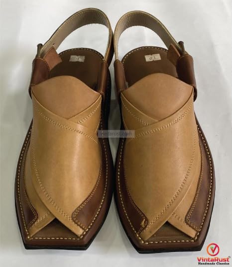 Handcrafted Two-Tone Peshawari Chappal, Classic Beige and Brown Leather Peshawari Chappal For Men, Traditional Leather Sandals2