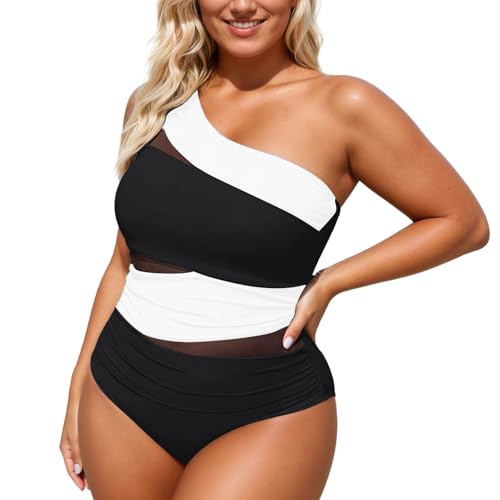 Generisch Traje de baño para mujer con un hombro con cortes - Monokini de una pieza en color verde neón | Traje de baño asimétrico con recortes laterales para playa, Style_w06 Negro, XL