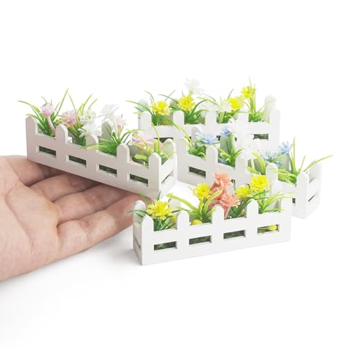 Odoria Dollhouse Flower Bed Planter: 4Pcs 1/12 Scale Miniature Fake Plant Box Colorful Fairy Garden Balcony - Mini Wood Fence Outdoor Rustic Barrier Rectangle Basket DIY Model Props Craft Diorama