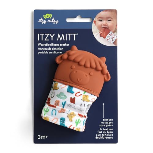 Image of Itzy Ritzy Silicone Teething Mitt - Soothing Infant Teething Mitten with Adjustable Strap, Crinkle Sound & Textured Silicone to Soothe Sore & Swollen Gums - for Ages 3 Months & Up (Cow)