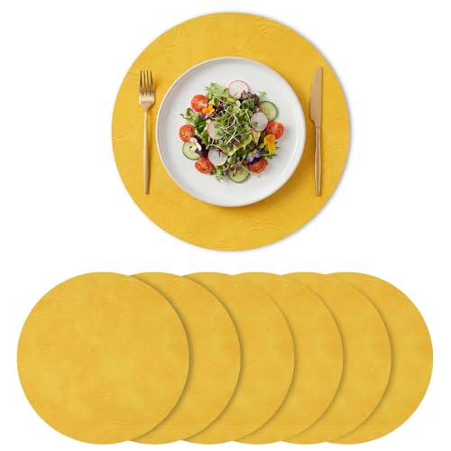 Artoid Mode Lot de 6 Sets de Table en Cuir Jaune Rond 38 cm, Set de Table Lavable Antidérapant...