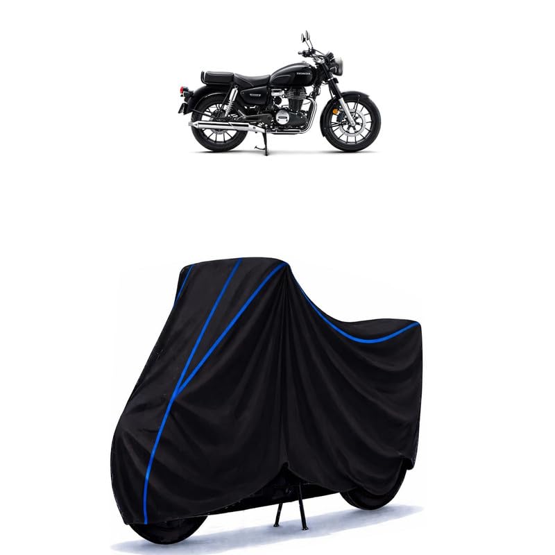 Image of CB 350 DLX Bike Cover Water Resistant Universal Motorcycle Rain | Heavy Duty UV Protection, Dust, Scratch Indoor Outdoor All Weather with Black Blue Piping Elastic