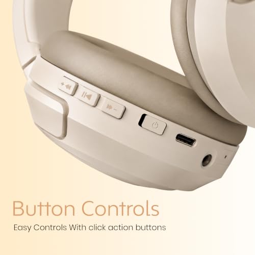 Image of PunnkFunnk BeatXtra Pro Wireless Bluetooth Headphones V5.3, Over-Ear Stereo Headset with 40mm Drivers, Noise Cancelling, Soft Cushioned Ear Cups, 10m Wireless Range, Teen & Adults (Beige)