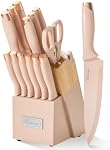 Ensembles de couteaux pour cuisine avec bloc, 15 Pièces Couteau Chef avec auto-affûtage, Acier inoxydable antiadhésif Lames de revêtement anti-rouille en céramique, poignée ergonomique, rose