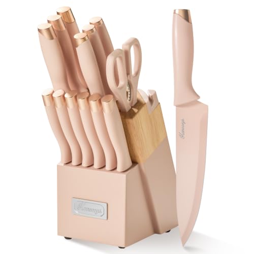 Hancorys Knife Set, Kitchen Knives Set with Built-in Sharpener, 15 Pcs German Stainless Steel Knife Block Set with Anti-Rust Coating & Ergonomic Handle, Chef Knives for Everyday Home Cooking, Pink