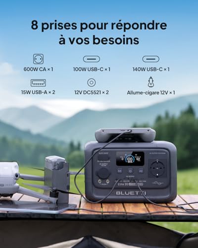 BLUETTI Elite 30 V2 Générateur Portable Urgence avec Panneau Solaire 60W (Expédié Séparément), 288Wh 600W (Puissance de Surcharge 1500W), Solaire/CAC/Voiture, Pour Panne Courant, Camping – vue 4