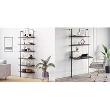 Nathan James Theo 6-Shelf Tall Bookcase, Wall Mount Bookshelf with Natural Wood Finish & Theo 2-Shelf Industrial Wall Mount Ladder Table, Small Computer or Writing Desk, Nutmeg/Matte Black