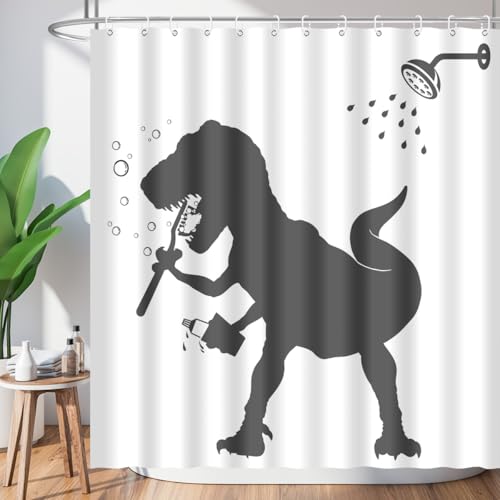 Image of Dinosaur Shower Curtain Funny Dino for Kids Boys Bath Curtain Trex Silhouette Animal Shadow Cartoon Black White Bathroom Waterproof Polyester Fabric 72Lx72W Inch with Hooks