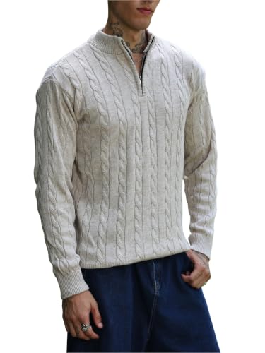 Image of Kvetoo Men's Wool High Neck Zipper Sweater, Full Sleeve Cable Knit Quarter Zip Winter Pullover