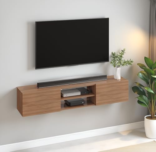 Image of FURNEASER Sasia Modern Wall Mounted TV Unit for 32 /42 /55 Inch TV | Floating Entertainment Unit with Storage | Engineered Wood TV Cabinet for Living Room | TV Stand with Doors (Exotic Teak)
