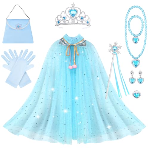 AOOWU ELSA Prinzessin Umhang Kinder Mädchen, 11PCS ELSA Prinzessin Kostüm mit Krone,Zauberstab,Handschuhe,Halskette,Ring Ohrringe,Armband,Taschen,...