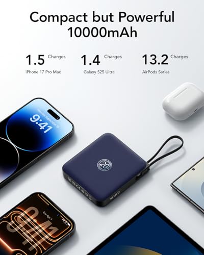 Image of VRURC Portable Charger for iPhone, 10000mAh 22.5W Fast Charging Power Bank | with Built-in Cables, LED Display, Battery Pack for iPhone 17 /16 /15 Series, Samsung S26, Travel Essentials (Royal Blue)