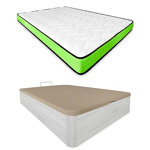 Duérmete Online - Pack Colchón Viscoelástico Viscopeque Reversible + Canapé Madera Abatible Gran Capacidad | Color Polar 90 x 190