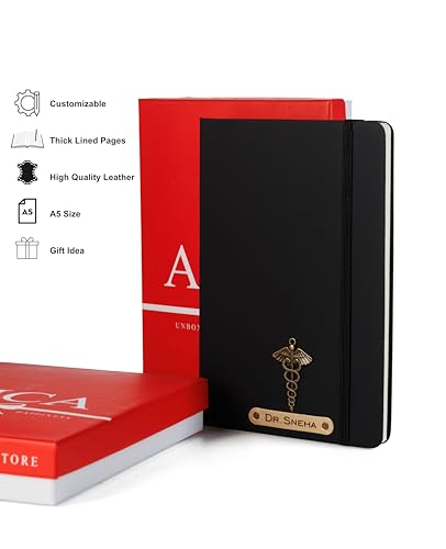 Image of AICA Personalized Name & Charm Doctor Leather Notebook Diary - A5 Size, 180 Ruled Pages (Black) | Customized Gift for Doctors Retirement Farewell Appraisal Birthday For Men Women Girls Boys