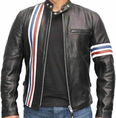 American USA Flag Easy Rider Peter Fonda Vintage Mens Cafe Racer Black Motorcycle Biker Leather Jacket4