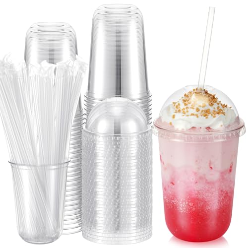 Ziliny 25 Set 16oz Plastic Cups with Dome Lids and Straw Clear Disposable Drinks Cup for Iced Coffee Smoothie Juice Soda Cocktail Party Tea Parfait Dessert Fruit Milkshake Ice Cream