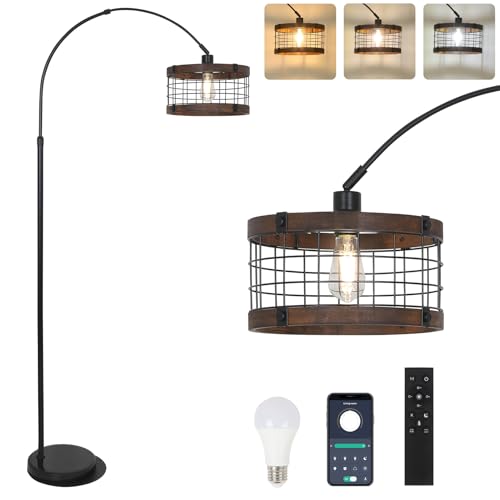 Image of Arc Floor Lamps for Living Room with Remote and Dimmable LED Bulb, Vintage Wood Floor Lamp for Bedroom, Farmhouse Standing Lamp for Corner, Industrial Black Tall Lamp, Over Couch Arched Reading Light
