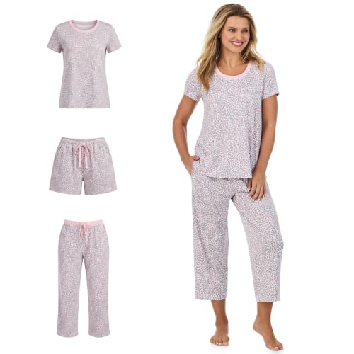 Image of Cuddl Duds 3 Piece Short Sleeve Capri Matching Lounge PJs Sets for Women | Cropped Capris Pants Boxer Shorts & Top, Sleepwear & Loungewear, Cute Sleep & PJ Set, Soft Lightweight & Breathable Pajamas