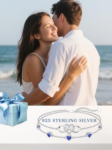 Image of Dorunmo 925 Sterling Silver Infinity Heart Birthstone Anklet Bracelets for Women Best Mother's Day Birthday Jewelry for Wife Girlfriend Mom Her