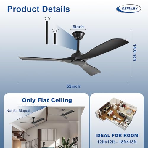 Image of Depuley Ceiling Fan Without Light: 52 Inch 3 Blade Outdoor Fans for Patios - Black Ceiling Fan No Light Indoor Remote Control Ultra Quiet DC Motor Reversible 6 Speed Timer