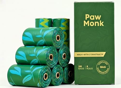 Paw Monk Certified Home Compostable Dog Poop Bags Rolls Refill-120 Bags, Extra Thick 20 Micron, Leakproof & Easy Open doggy poop bags, Unscented