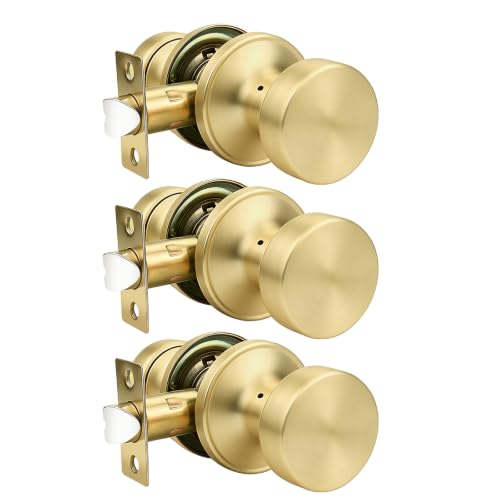 Orger 3 Pack Brushed Gold Interior Door Knobs, Reversible Non-Locking Passage Door Knob, Keyless Round Doorknob for Hallway and Closet