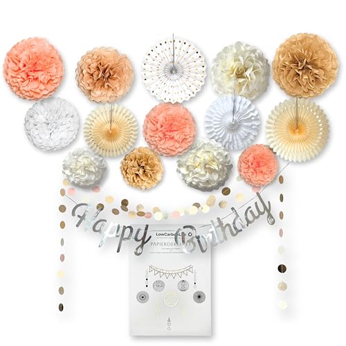 LowCarbonLife Geburtstag Deko Set 18-teilig mit Pompons, Papierfächer, Girlande und Happy Birthday Banner in Creme Apricot für Geburtstag Frauen (Creme Apricot mit Banner) LowCarbonLife Geburtstag Deko Set 18-teilig mit Pompons, Papierfächer, Girlande und Happy Birthday Banner in Creme Apricot für Geburtstag Frauen (Creme Apricot mit Banner)