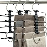 Pants Hangers Space Saving, 5 Tier Jeans Hanger for Closet, Black Multiple Heavy Duty Stainless Steel Pant Rack for Trousers, Legging with 20 Clips (4 Pack)