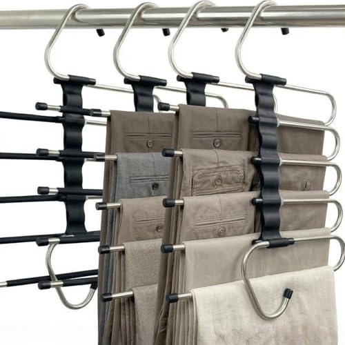 Image of Pants Hangers Space Saving, 5 Tier Jeans Hanger for Closet, Black Multiple Heavy Duty Stainless Steel Pant Rack for Trousers, Legging with 20 Clips (4 Pack)