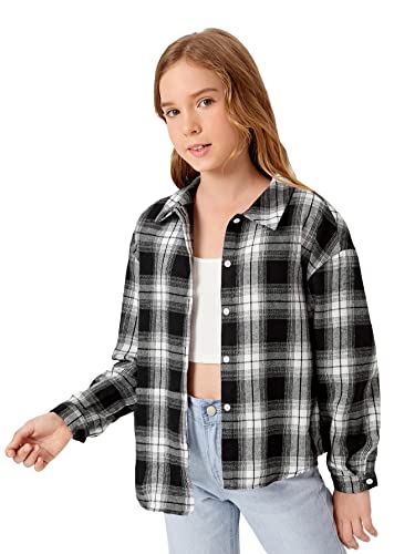 Oyoangle Girl's Plaid Print Button Front Long Sleeve Drop Shoulder Blouse Shirt Top Black 10Y #TOP19
