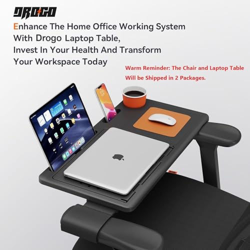 Image of DROGO Ergonomic Office Chair for Work from Home with Adaptive Lumbar Support, Laptop Tray, 4D Armrest, Recline, Footrest, Adjustable Height & Headrest, High Back (Black)
