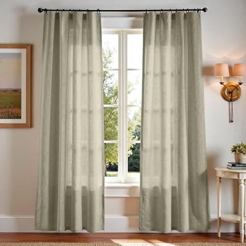 Image of jinchan Linen Curtains Light Filtering Back Tab 50x84 Inch 2 Panels Green