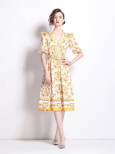 LAI MENG FIVE CATS Women's Button Up V-Neck Short Puff Sleeve Floral Print Split Casual Midi Dress4