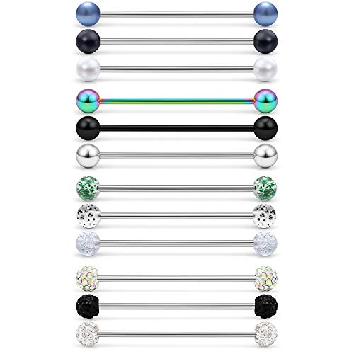 Ruifan 12Pcs 14 Gauge Industrial Barbell Cartilage Earring Body Piercing Jewelry 1 3/8 Inch(35Mm) With Gem Shinny Gilitter Balls Rainbow #TOP12