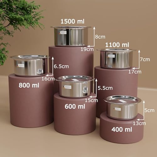 Image of Stainless Steel Tope Patila tepeli Pot pan Utensils Combo cookware Set of 5 PiC Stove and Induction Friendly /Bhagona /Sandwich Bottom Tope /Flat Bottom /Silver /Cookware OK