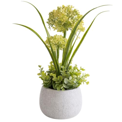 Image of Garden Art Artificial Hydrangea Mini Cluster Bouquet Arrangement in Decorative Pot - Realistic Faux Plant for Living Room Decor (P-0141Yellow)