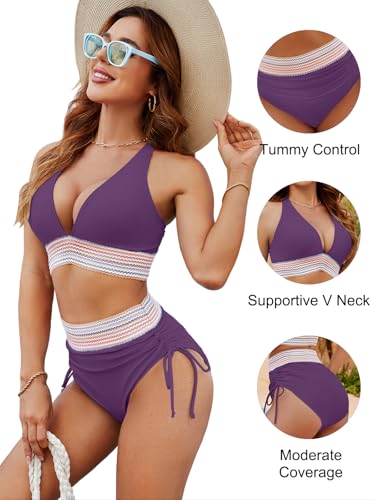 Image of Blooming Jelly Women High Waisted Bikini Sets Tummy Control Swimsuits Color Block Two Piece Drawstring Bathing Suit
