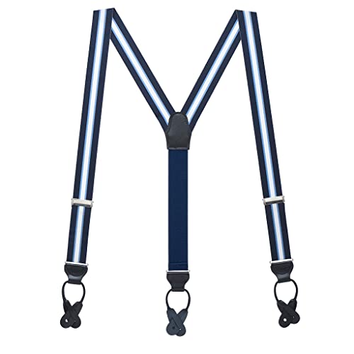 SuspenderStore Navy/Steel Grosgrain Striped BUTTON Suspenders 54