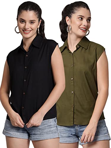 Image of FUNDAY FASHION Women's Rayon Blend Regular Fit Solid Casual Sleevesless Shirt (Pack of 2)