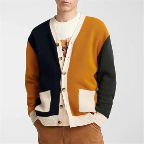Mens V Neck Contrast Color Knitted Cardigan Long Sleeve Button Lapel Patchwork Pockets Sweater3