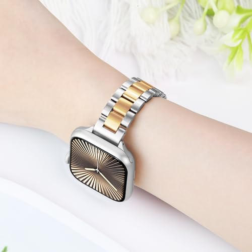 Image of Melyis Slim Metal Band Compatible with Apple Watch Bands for Women 42mm 40mm 41mm 38mm, Premium Stainless Steel Classic iWatch Bands for Apple Watch Band Series 1110 9 SE 8 7 6 5 4 3 2 1-Gold and Silver