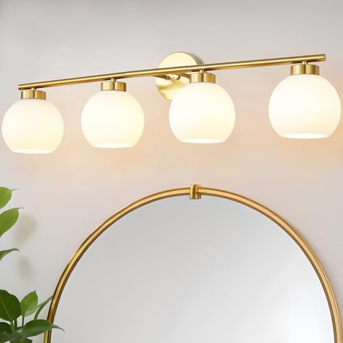 Image of 4 Light Bathroom Vanity Light, Gold Bathroom Light Fixtures Over Mirror, Mid Century Modern Wall Light with Frosted Globe Glass Shades, 32 inch Brass Vanity Lights, E26 Socket