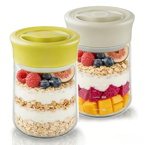 Overnight Oats Containers with Lids, 2 Pack 17oz Glass Jars with Airtight Lids, Wide Mouth Mason Jars, Food Coffee Bean Storage Containers for Yogurt, Chia Pudding, Snack, Salad(Yellow+Beige)