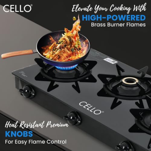 Image of Cello DEZIRE PRO PLUS 3 Burner Gas Stove | Manual Ignition | Direct Flame Brass Burners | 6mm Toughened Glass Top | Hexa Pan Supports | ISI Certified | LPG | 1Yr Warranty